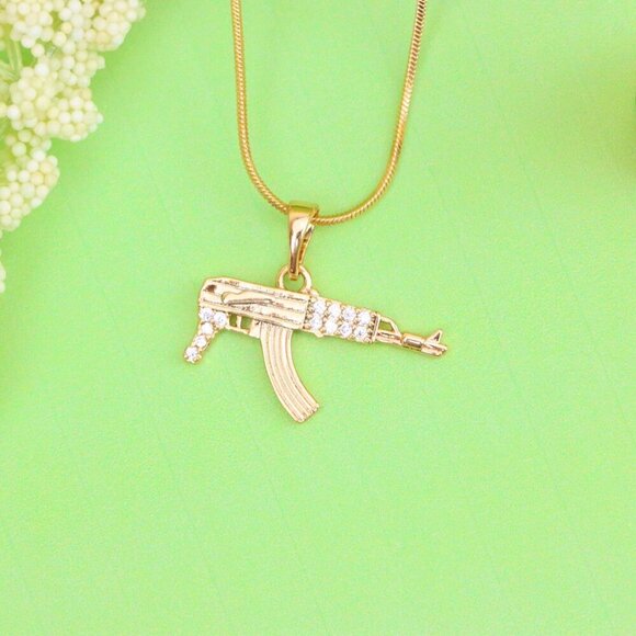 "AK-47 Shaped Rose Gold Pendant with Crystal Detailing, XPPT1556 - Picture 11 of 13